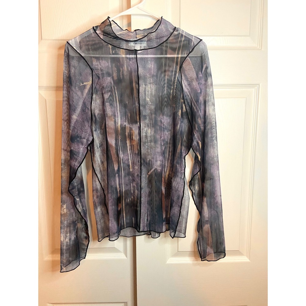 DKNY Sheer Mesh Mock Neck Top Abstract Print Long Sleeve Purple Blue Large